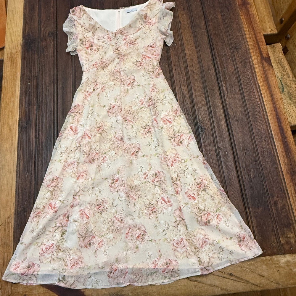 LOAR Pink Floral Chiffon Ruffle Midi Dress Korean Fashion Small Romantic Cottage